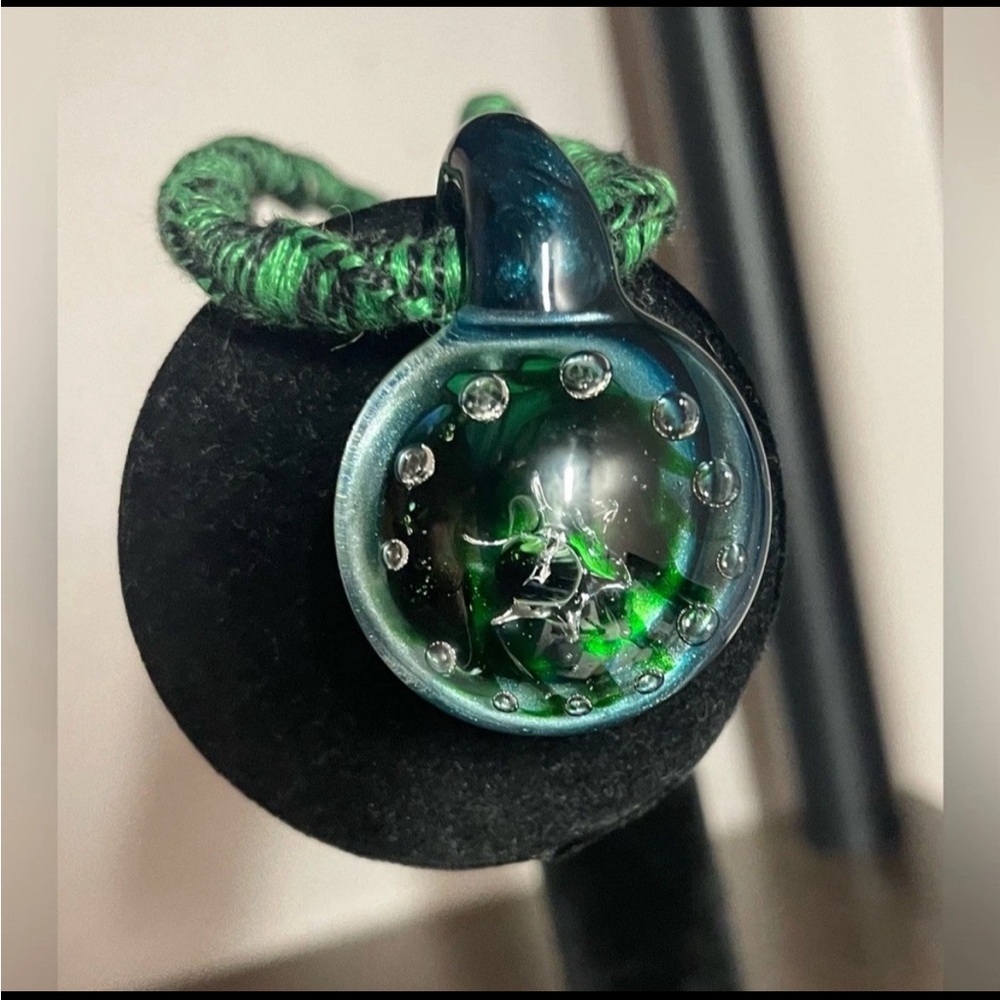 Abstract Green Glass Pendent Necklace Twisted Hemp Cord Metal Free Bohemian